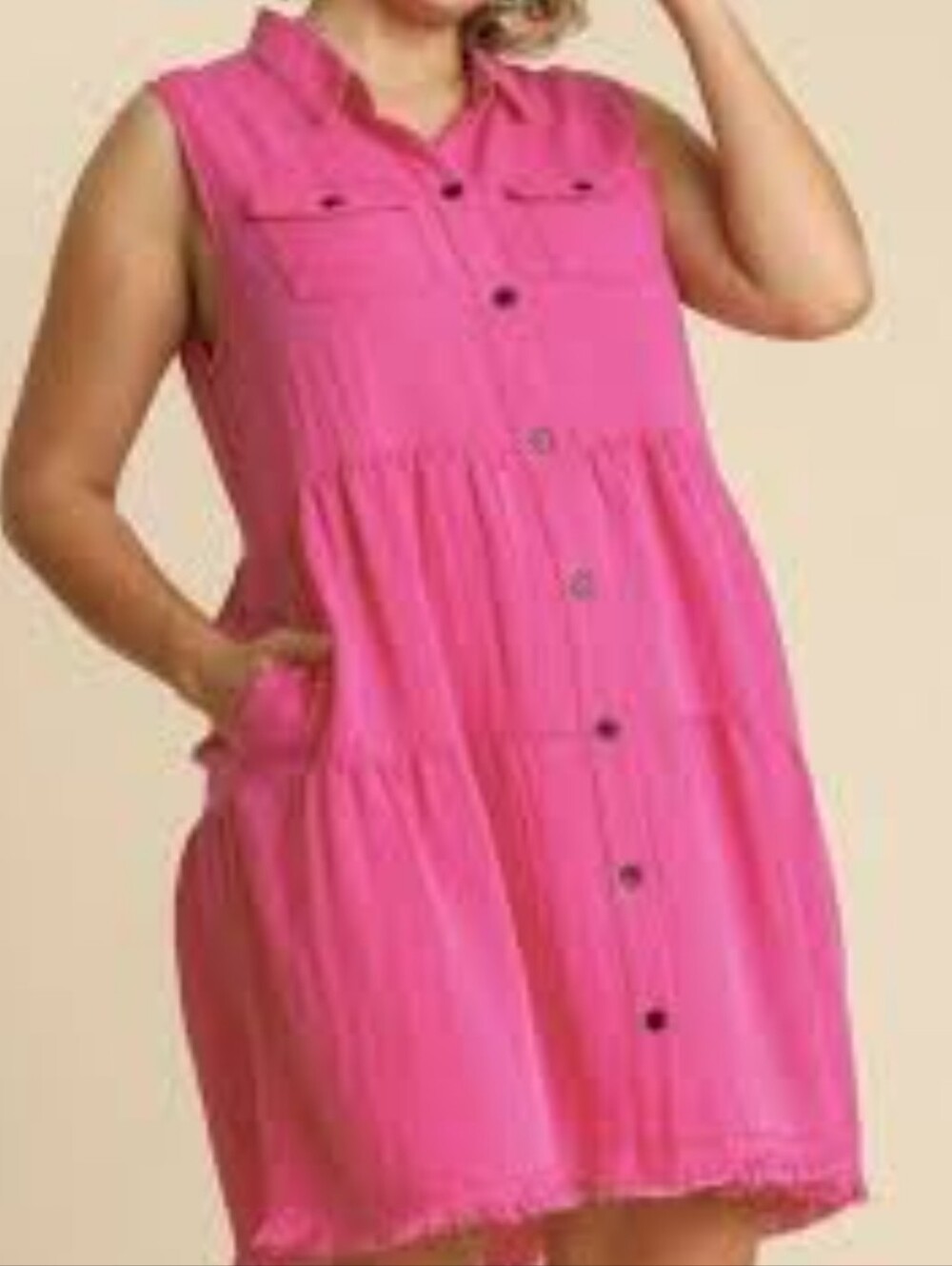 Umgee Hot Pink Sleeveless Button-Front Tiered Dress Size Large